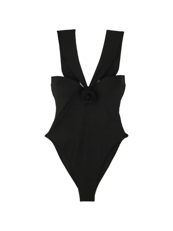 La Reveche La Reveche 黒地花柄アップリケ付きワイドストラップ水着の商品画像