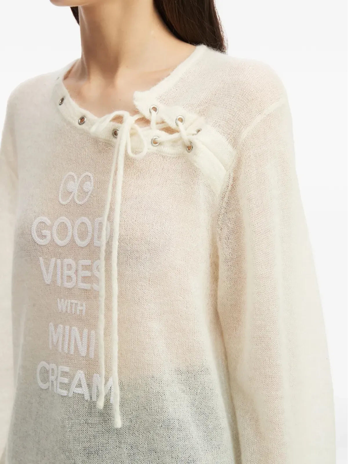 Mini Cream アシンメトリーネック長袖セーター - 画像5