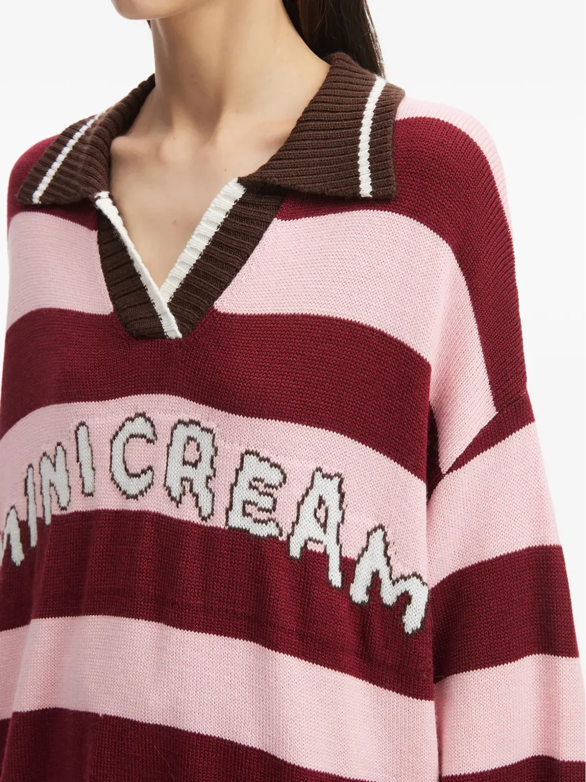 Mini Cream ストライプ柄ポロネックニットセーター - 画像5