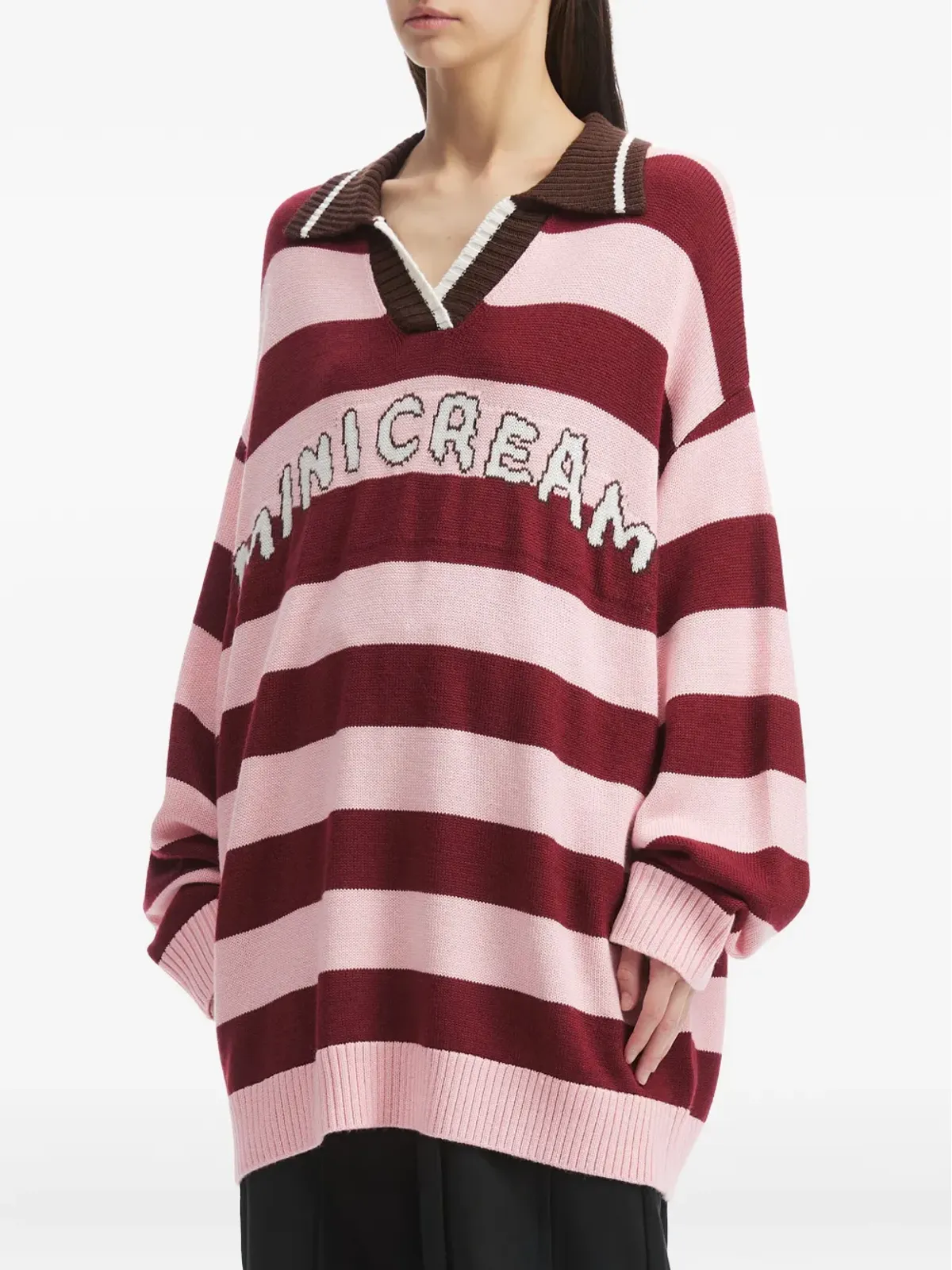 Mini Cream ストライプ柄ポロネックニットセーター - 画像3