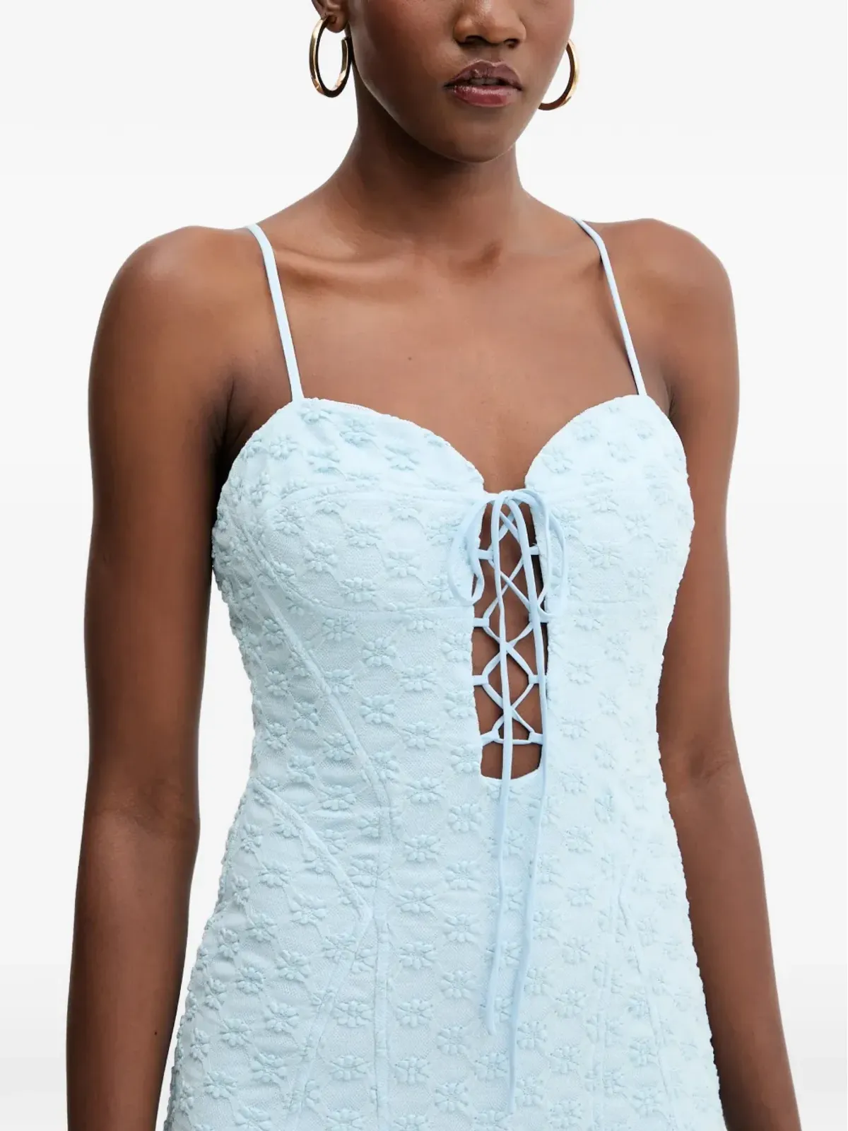 Bardot レースアップ花柄ミディドレス ブルー - 画像3