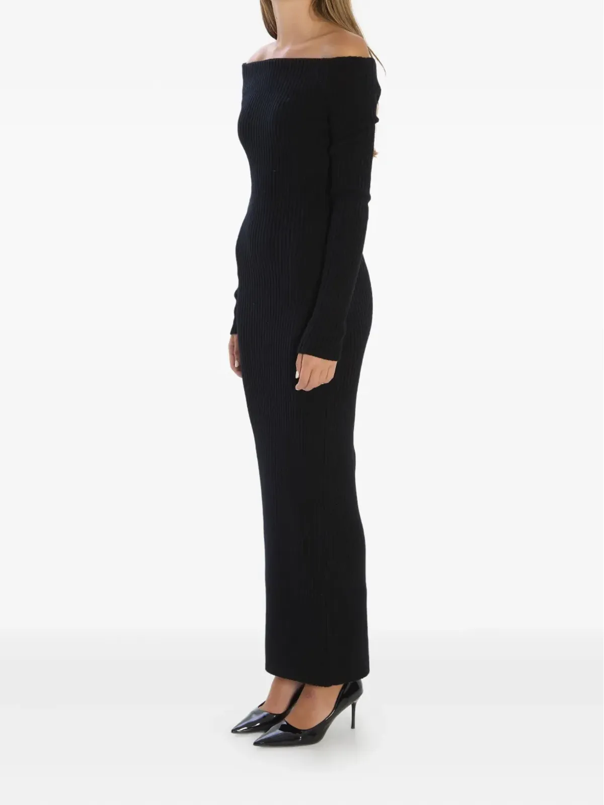 Max Mara リブ編みオフショルダーマキシドレス ブラック - 画像2