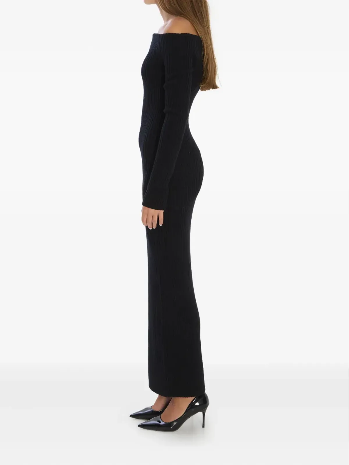 Max Mara リブ編みオフショルダーマキシドレス ブラック - 画像3