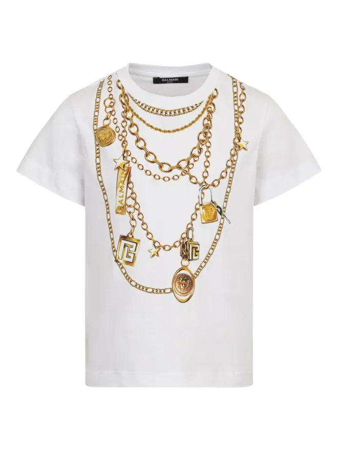Balmain Kids Balmain Kids chain graphic-print T-shirt - Whiteの商品画像