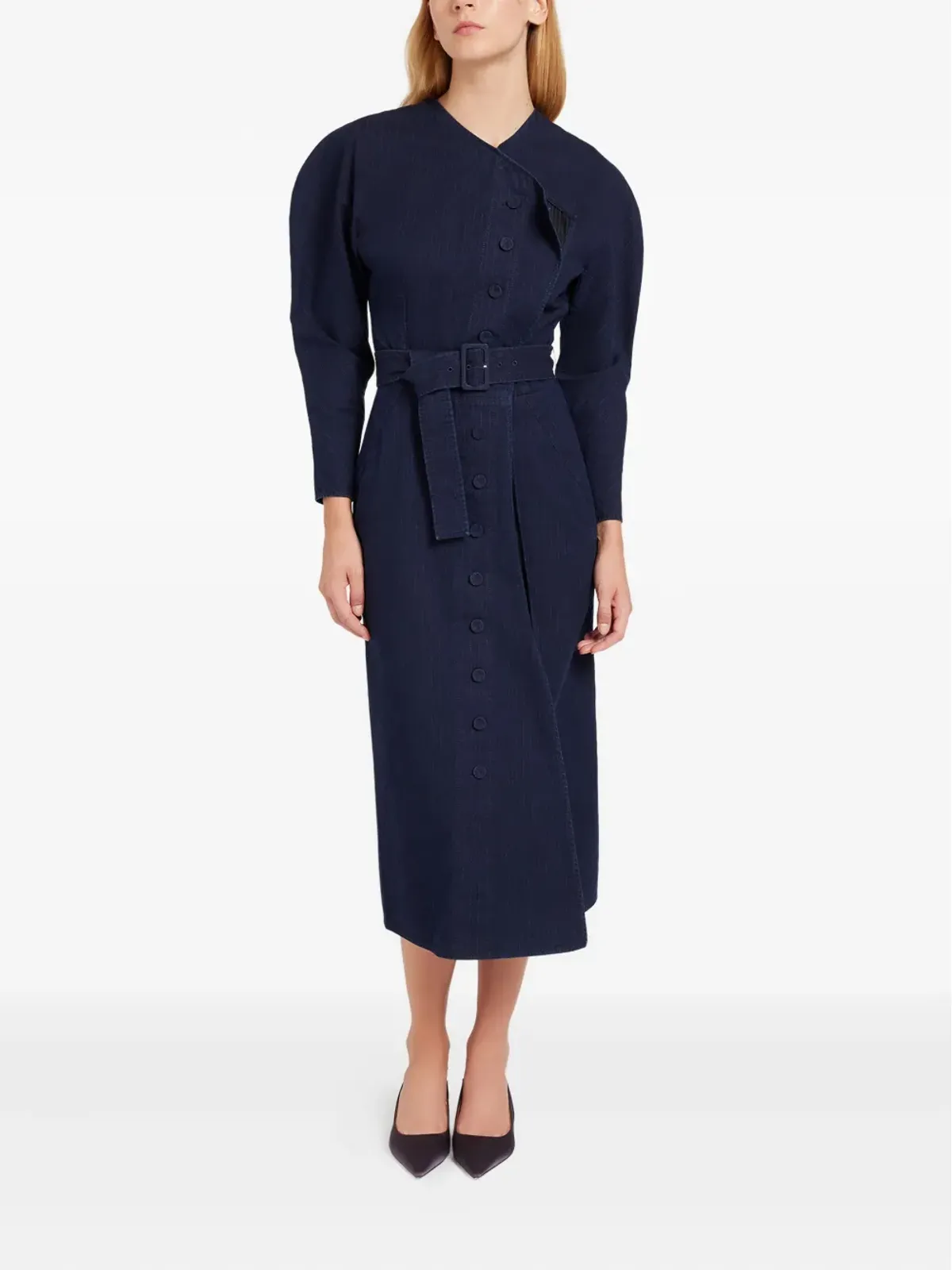 Ports 1961 シックなピンストライプ ベルト付き ミディドレス - 画像2