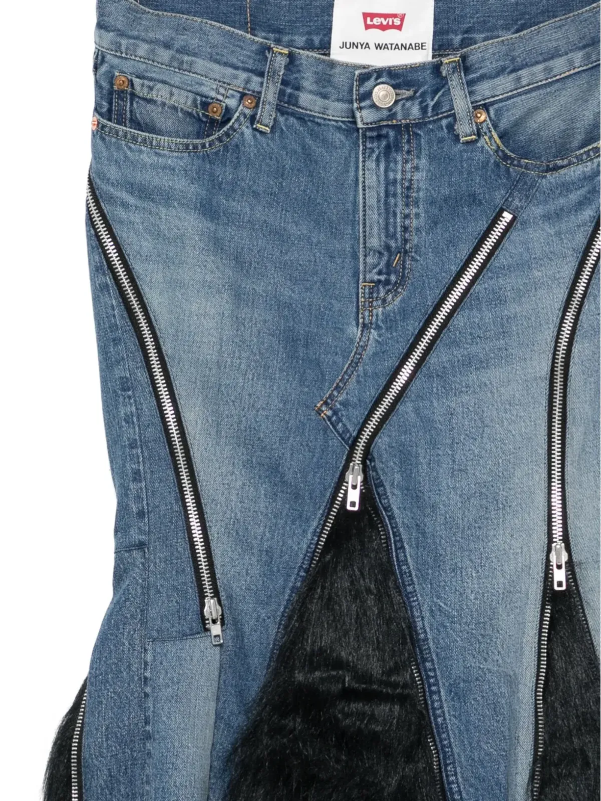 Junya Watanabe フェイクファー デニム アシンメトリースカート - 画像3
