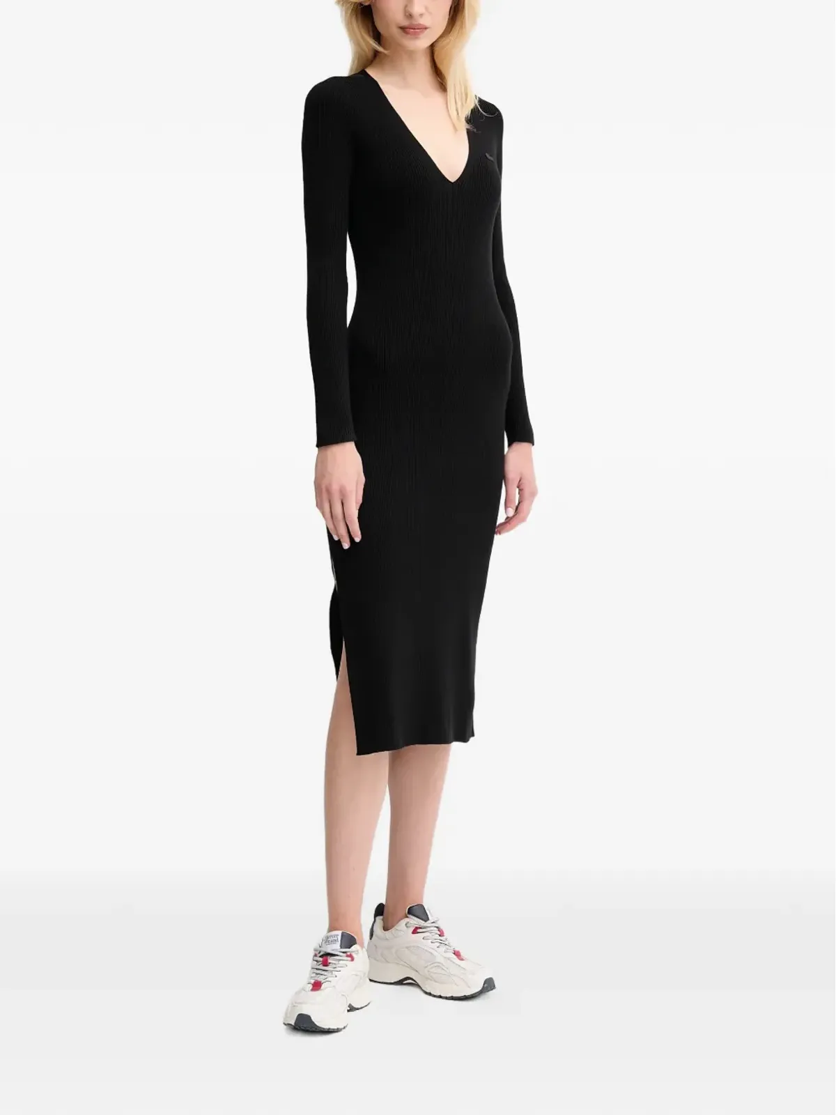 Lacoste ブラック Vネックのリブ編みミディドレス - 画像2