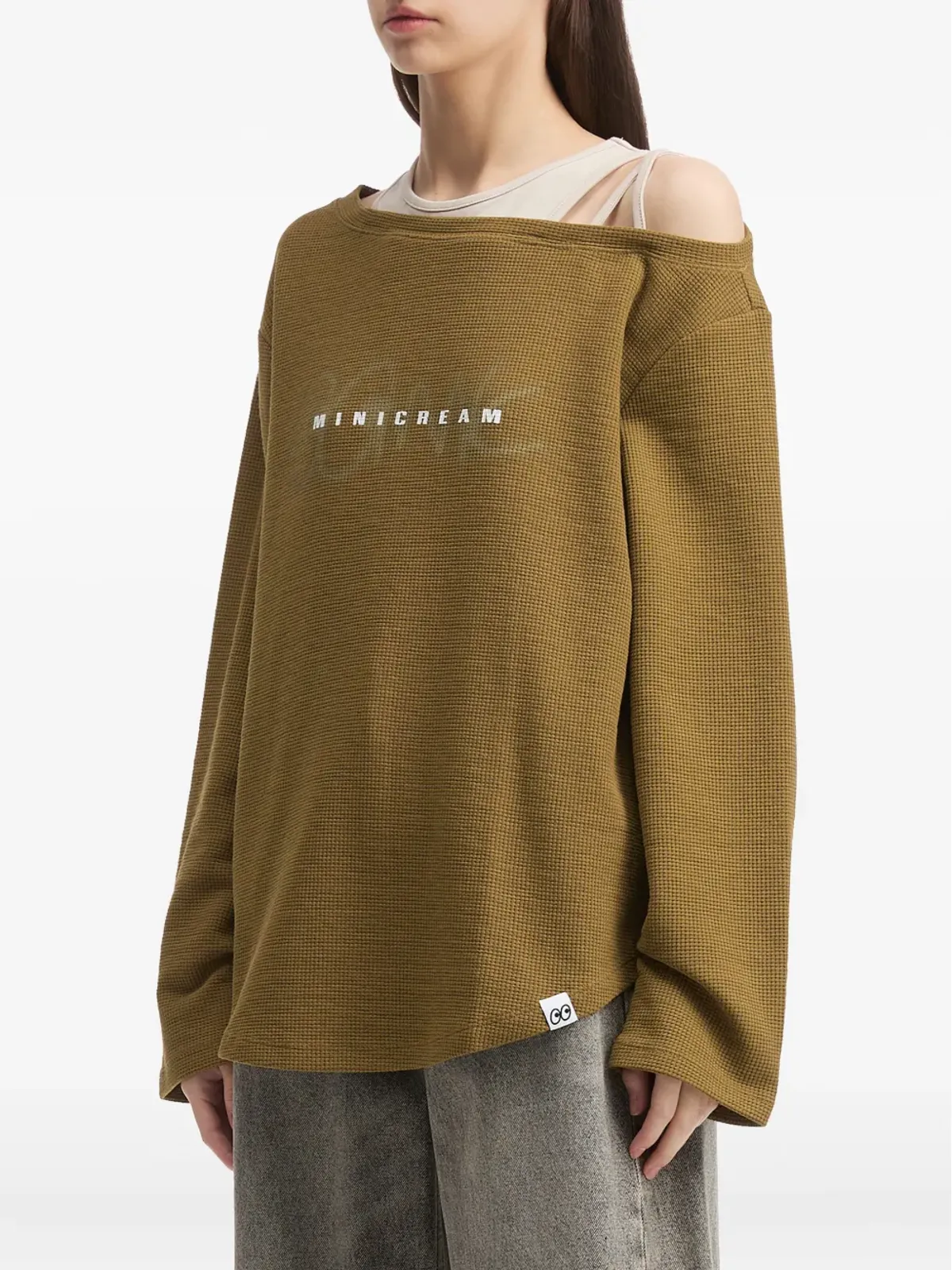 Mini Cream ワッフル編み オフショルダートップス - 画像3