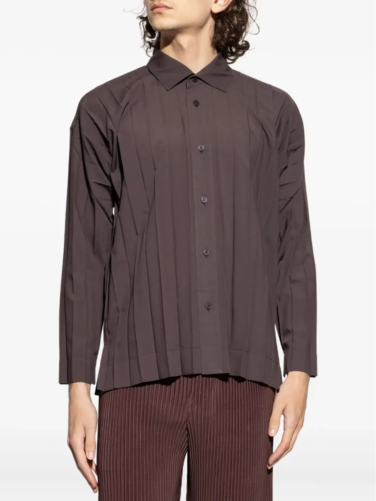 Homme Plissé Issey Miyake エッジプリーツ長袖シャツ（ブラウン） - 画像3
