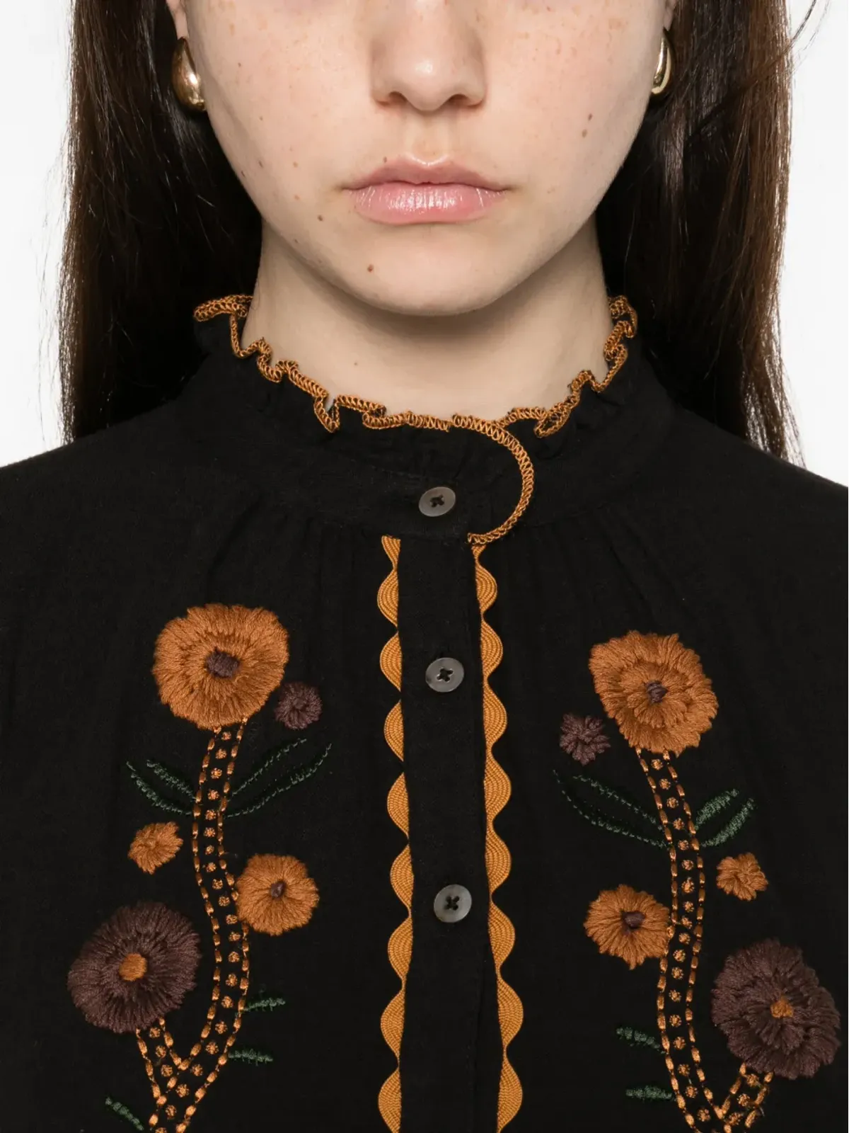Antik Batik 刺繍フリルネックシャツ - ブラック - 画像5