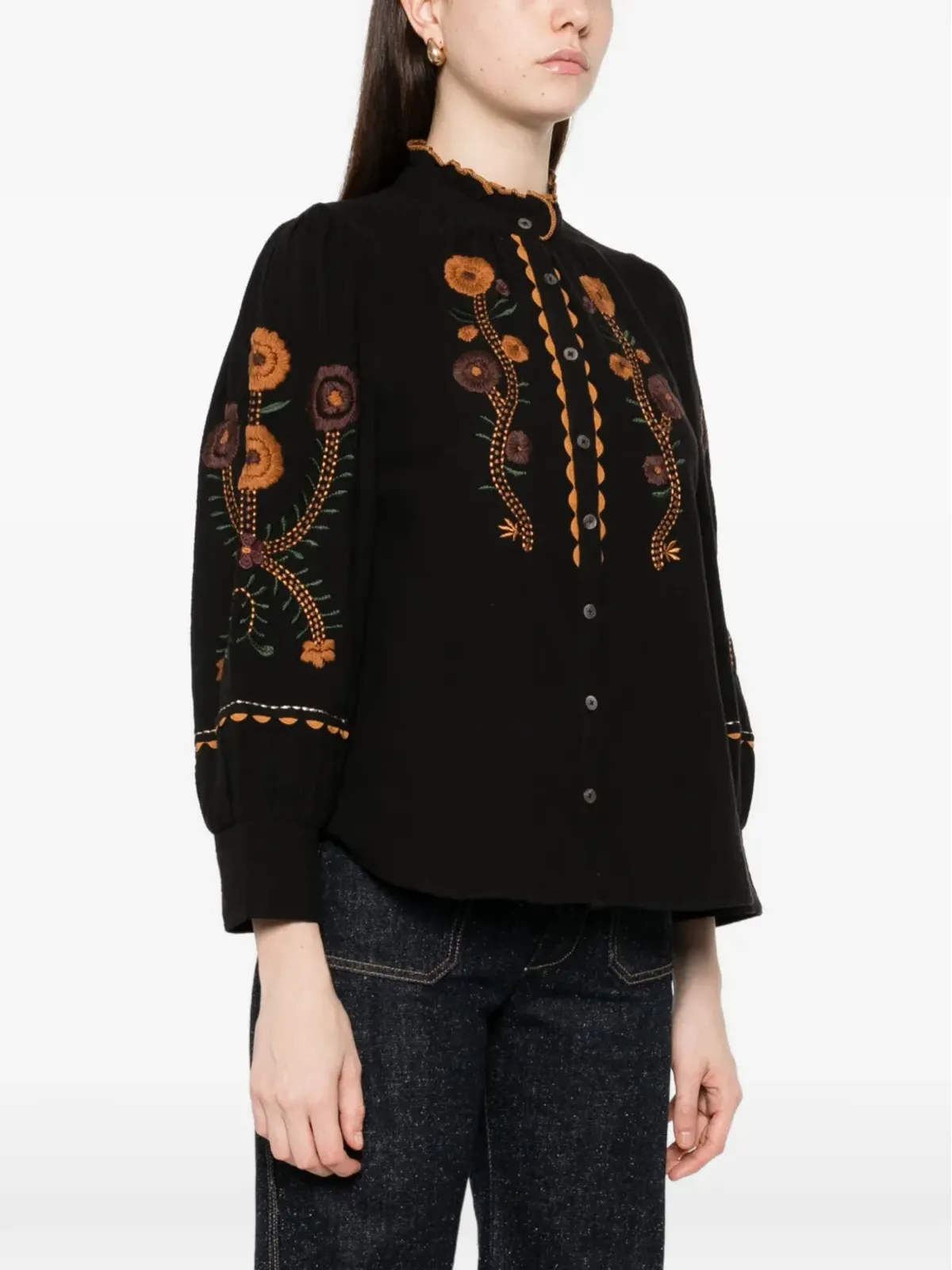 Antik Batik 刺繍フリルネックシャツ - ブラック - 画像3