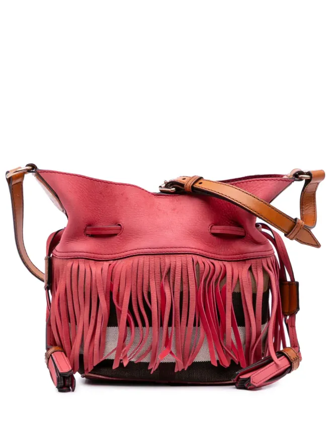 Burberry Pre-Owned Burberry Pre-Owned メガチェック キャンバスとスエードのフリンジ Belgrove バケットバッグ - Brownの商品画像