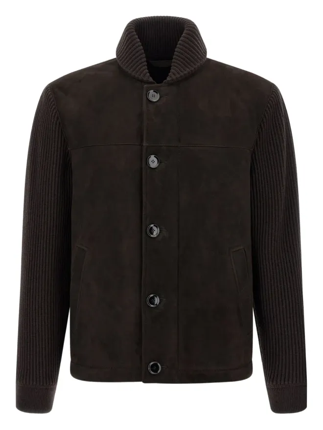 Brioni Brioni リブ編み袖スエードボンバージャケット - ブラウンの商品画像