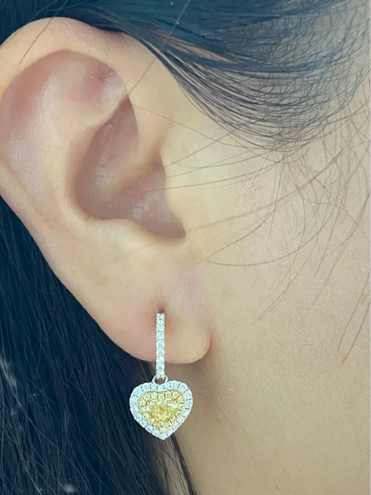 HYT Jewelry 18K イエローゴールドとホワイトゴールド ハート型ダイヤモンド イヤリング - 画像2