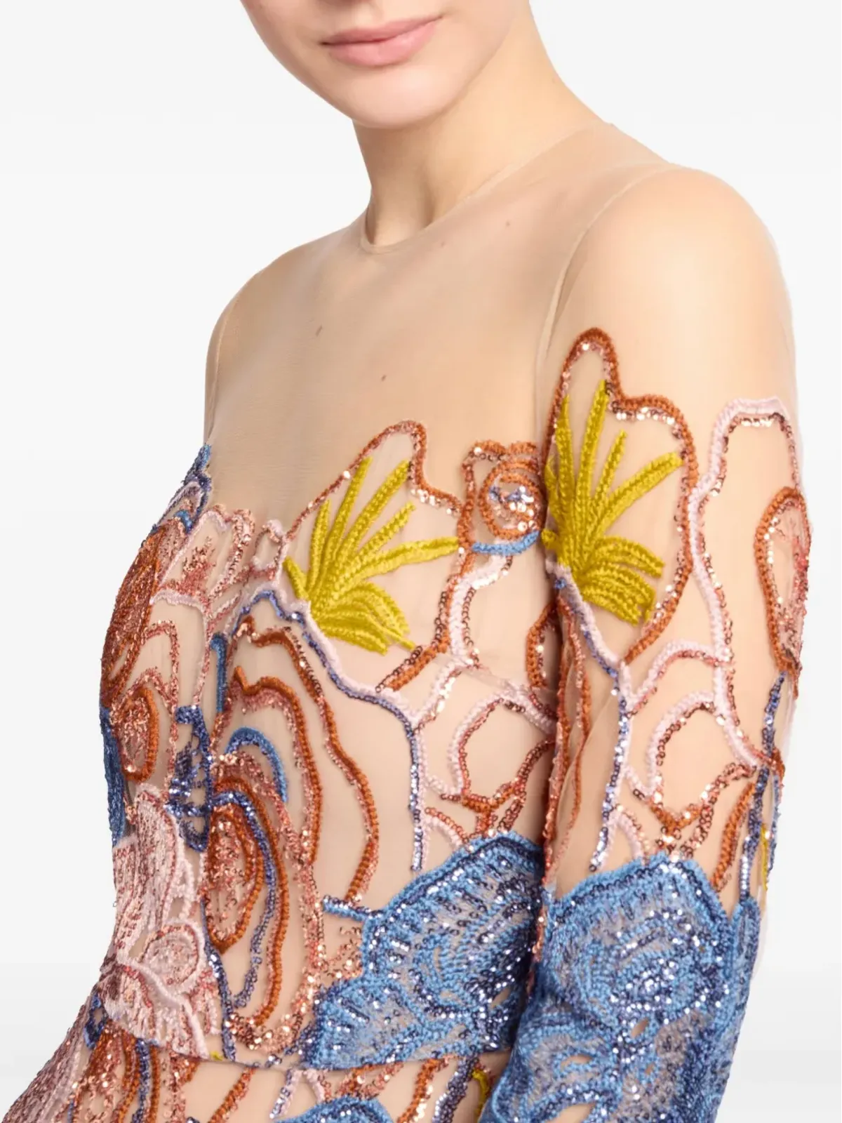 Elie Saab 花柄刺繍スパンコール付きマキシドレス - ブルー - 画像3