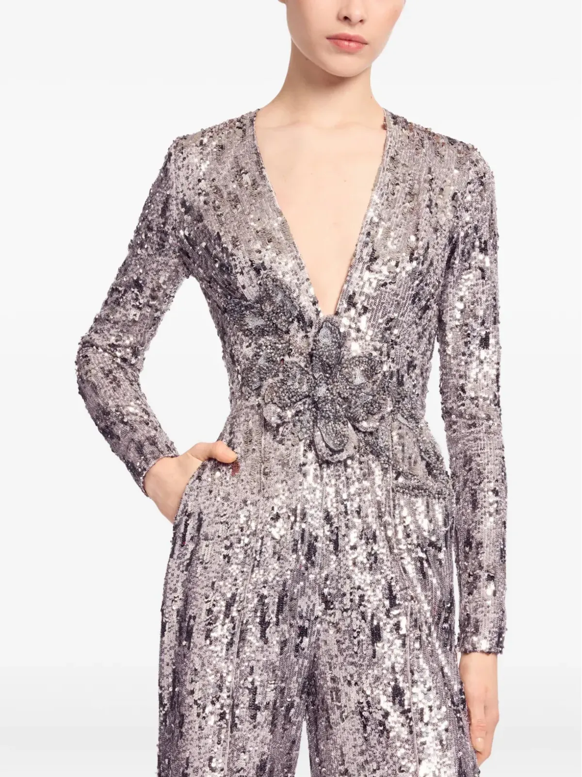 Elie Saab Vネック スパンコール ジャンプスーツ - グレー - 画像4
