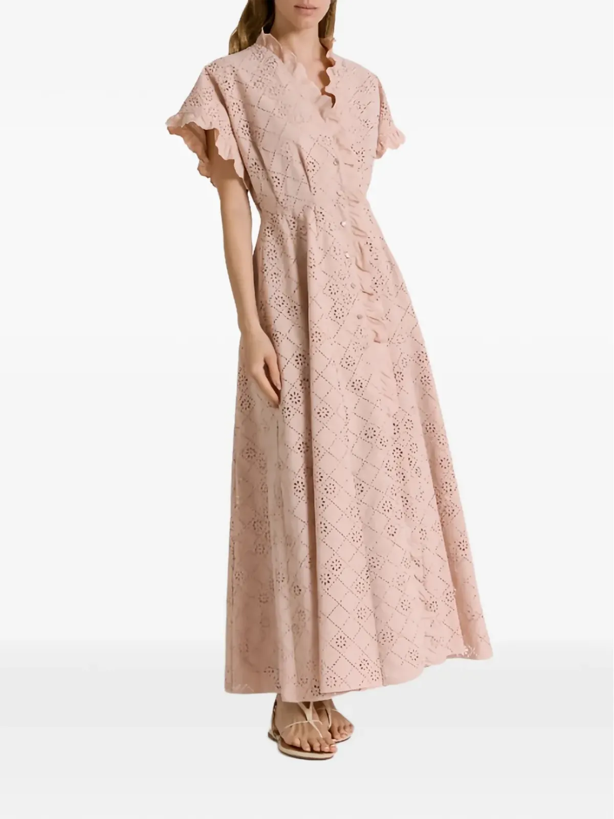 Alberta Ferretti ピンクのラッフルオープンワークドレス - 画像2