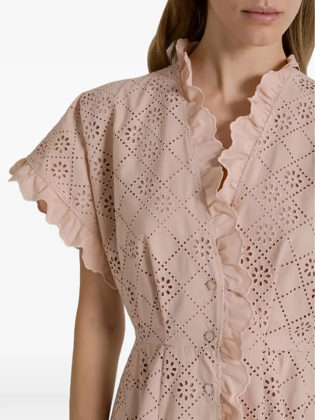 Alberta Ferretti ピンクのラッフルオープンワークドレス - 画像4