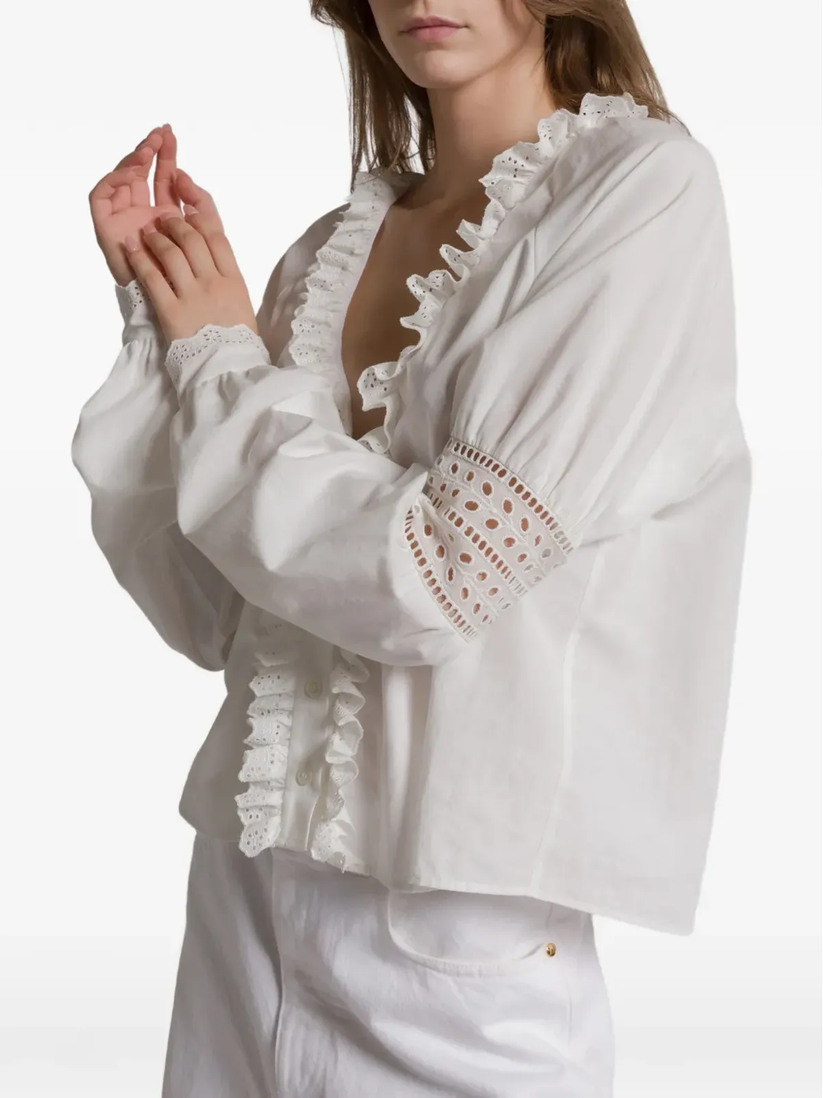 Alberta Ferretti ラッフルVネック ブラウス - 画像4