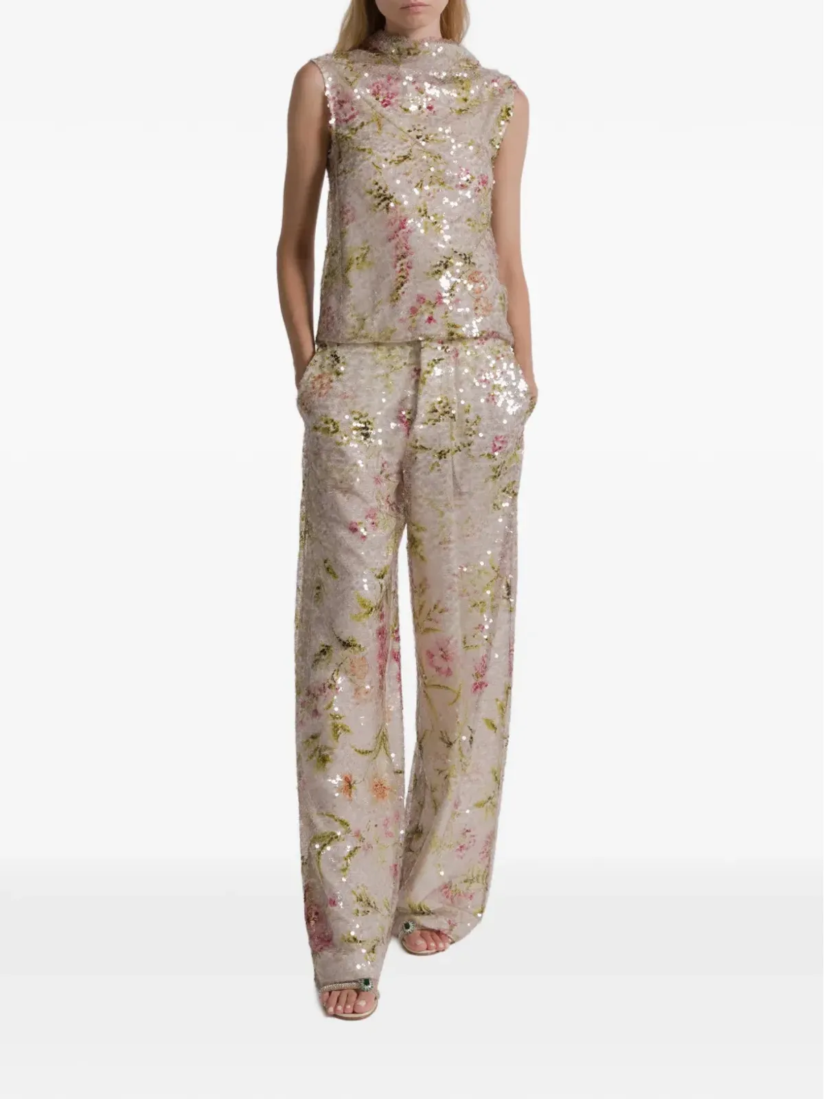Alberta Ferretti スパンコール花柄ノースリーブタンクトップ - 画像2