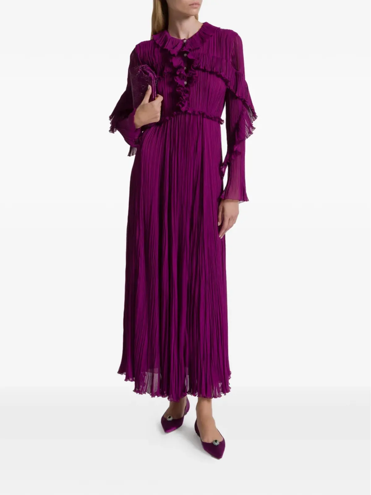 Alberta Ferretti アルベルタ・フェレッティ フリル付きプリーツミディドレス - 画像2