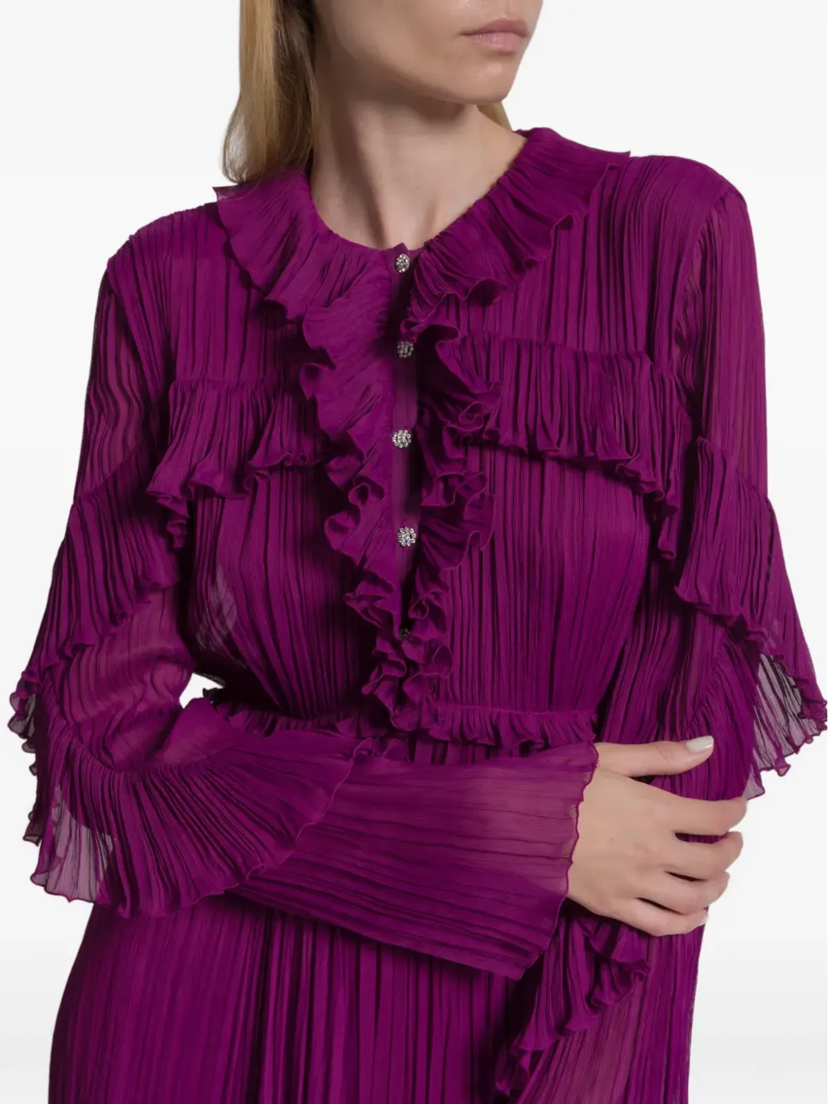 Alberta Ferretti アルベルタ・フェレッティ フリル付きプリーツミディドレス - 画像4