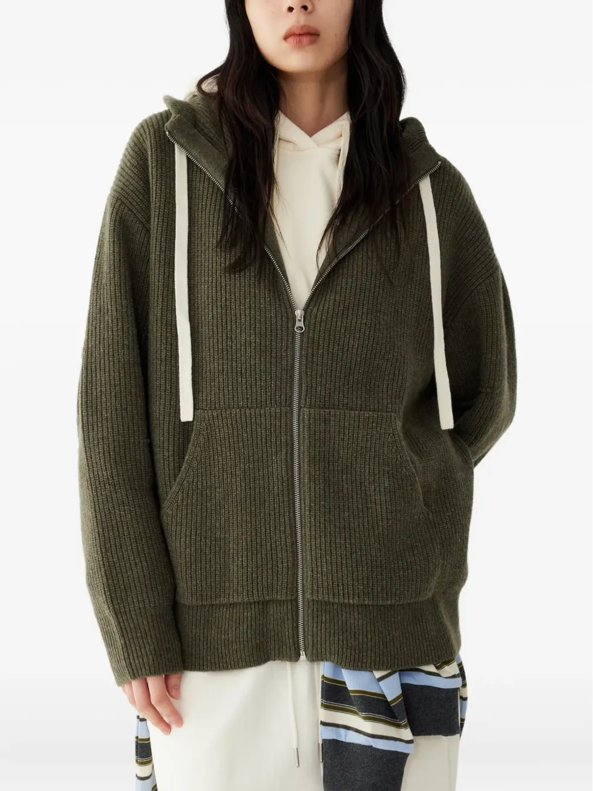 TOMBOY リブニットジップアップフード付きセーター - グリーン - 画像2
