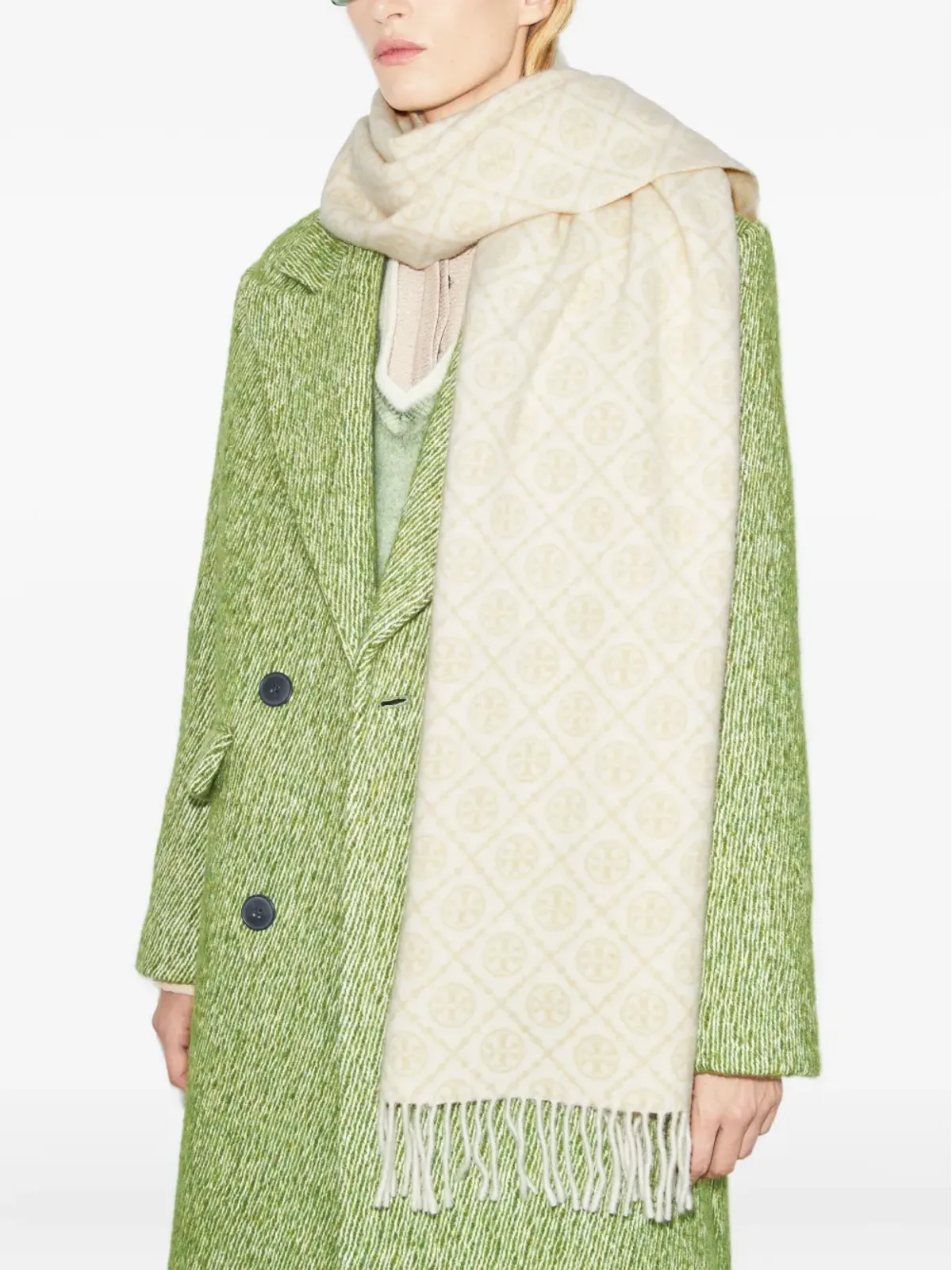 Tory Burch モノグラム柄フリンジスカーフ - 画像4