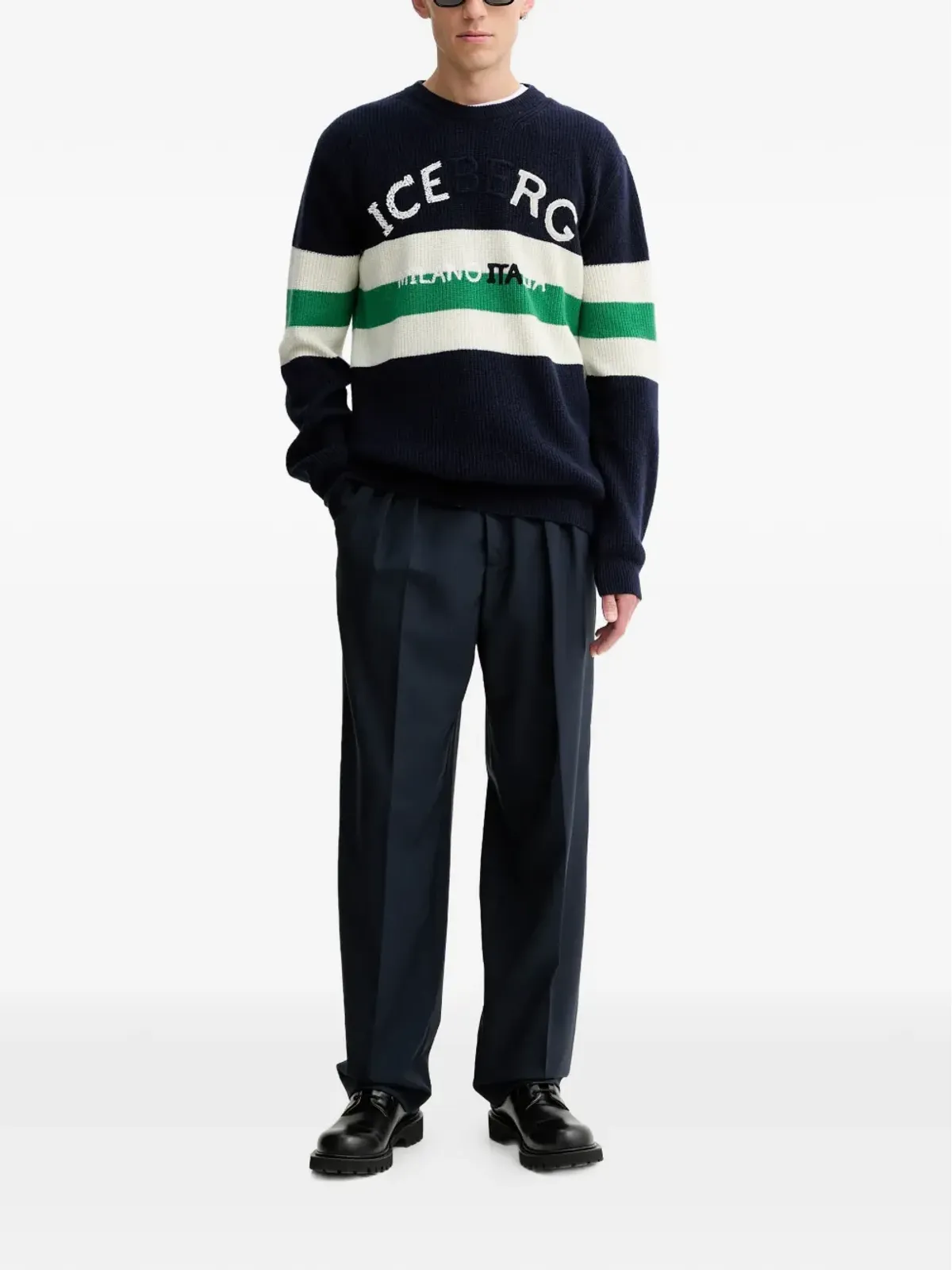 Iceberg インターシャ編みストライプセーター ブルー - 画像2