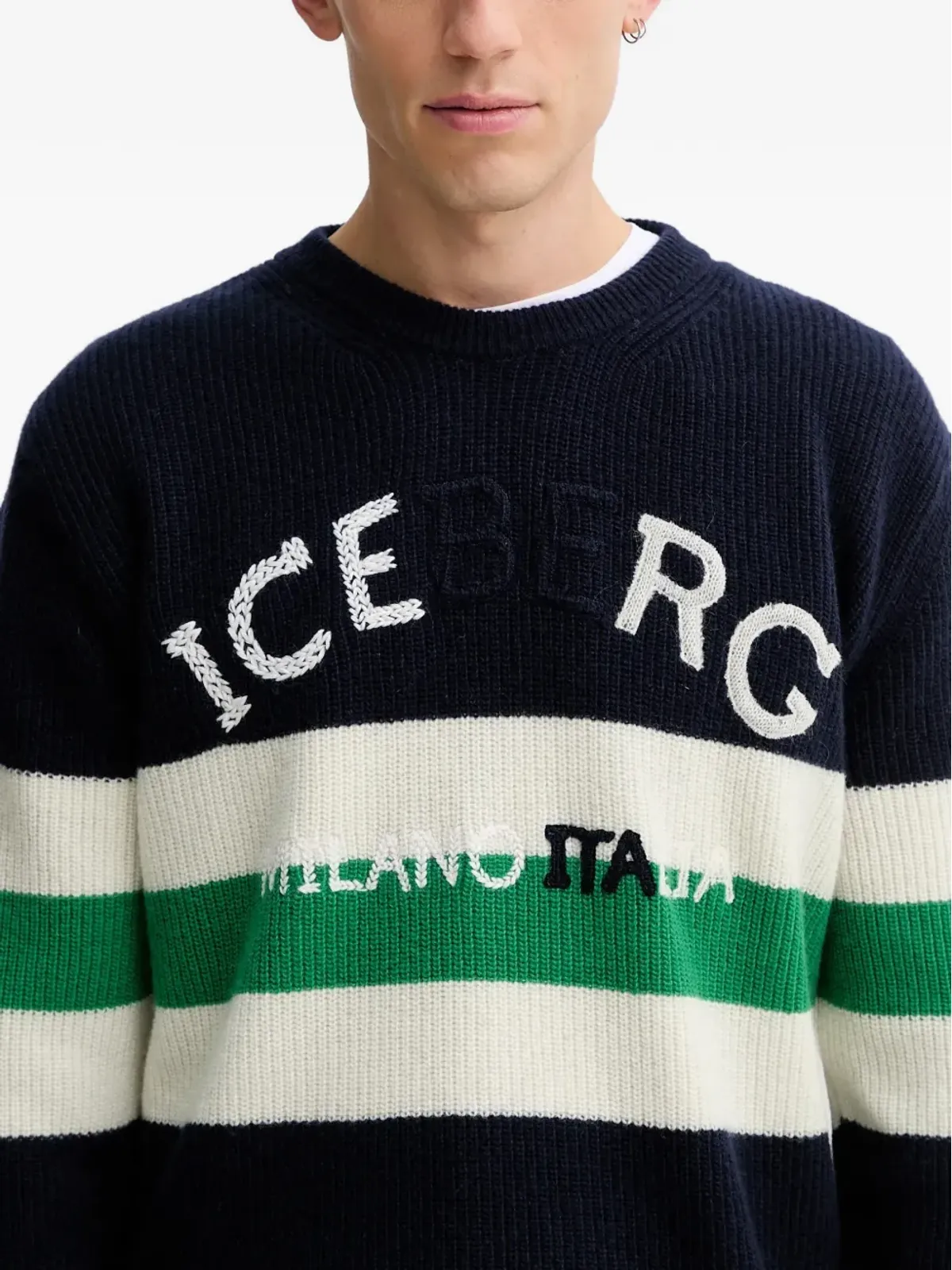 Iceberg インターシャ編みストライプセーター ブルー - 画像4