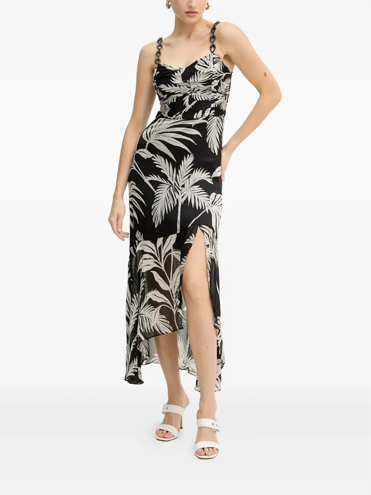 GUESS USA チェーンストラップ花柄ミディドレス (ブラック) - 画像1