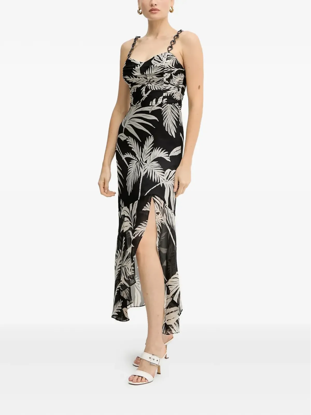 GUESS USA チェーンストラップ花柄ミディドレス (ブラック) - 画像2