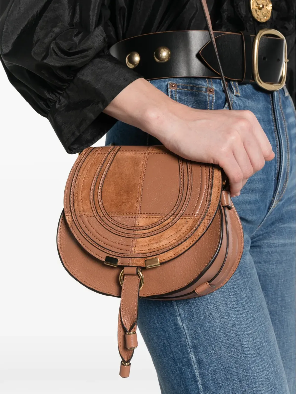 Chloé スエード×グレインドレザー マルシー クロスボディバッグ（ブラウン） - 画像2