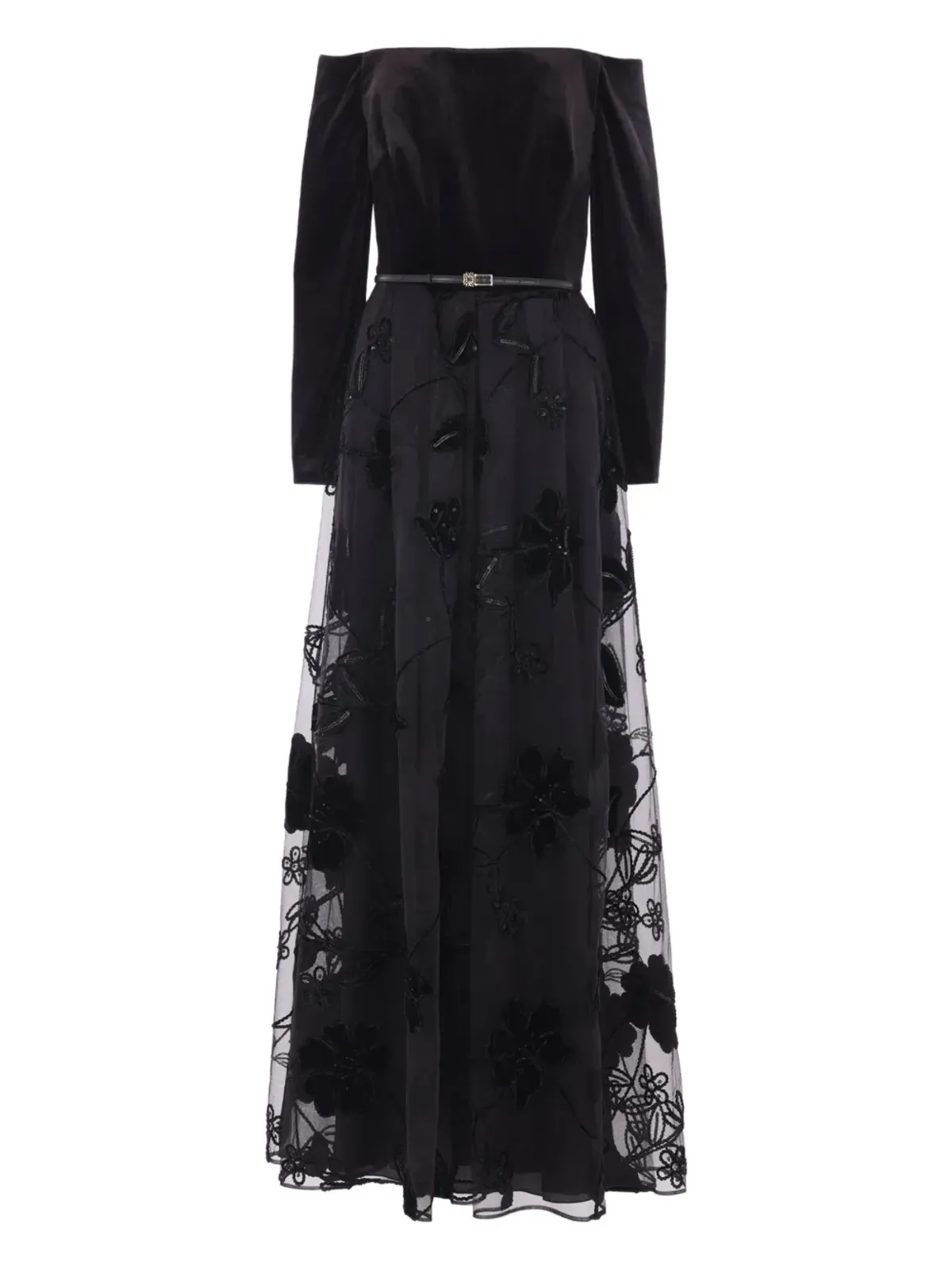 Elie Saab ベルベット花柄刺繍チュールドレス - ブラック - 画像1