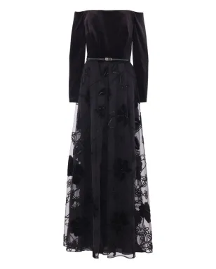 Elie Saab ベルベット花柄刺繍チュールドレス - ブラック - サムネイル1