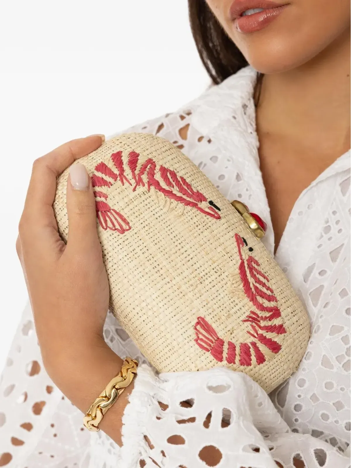 Pamela Munson シュリンプカクテル刺繍ラフィアクラッチバッグ - 画像4