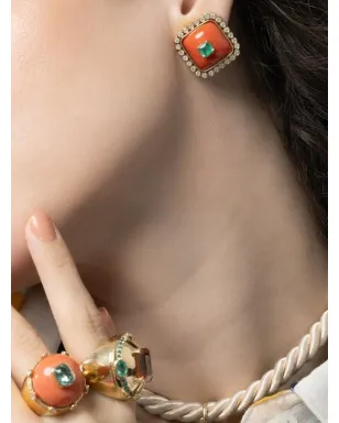 DENISE CASSOU 18K イエローゴールド ダイヤモンド コーラル エメラルド イヤリング - サムネイル2