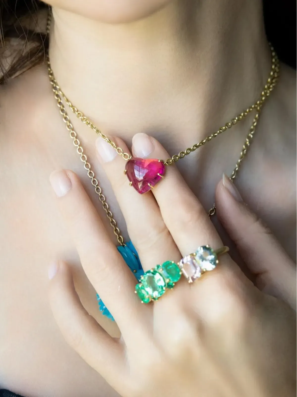 Irene Neuwirth 18Kイエローゴールド アクアマリン・クンツァイト ジェミーリング - 画像5