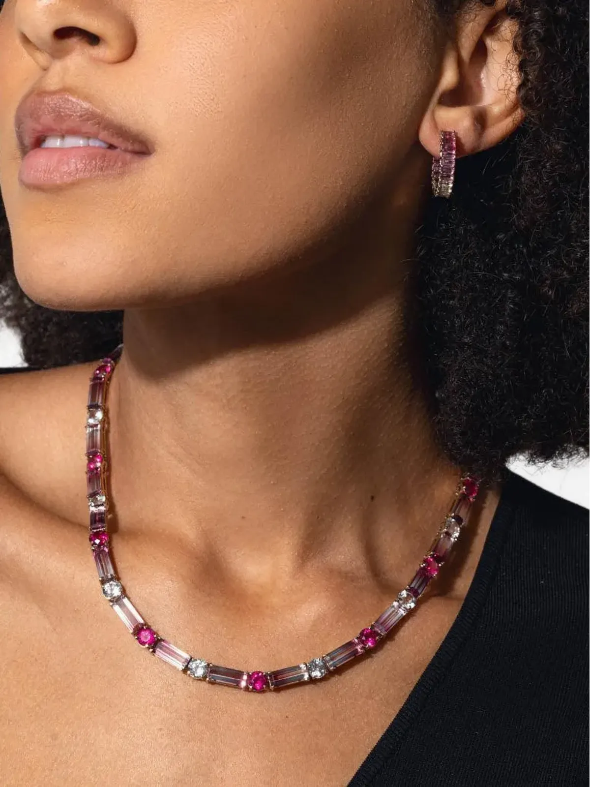 FISZMAN JEWEL 18Kホワイトゴールド シュガーローフ ルベライト＆ダイヤモンド フープピアス - 画像4