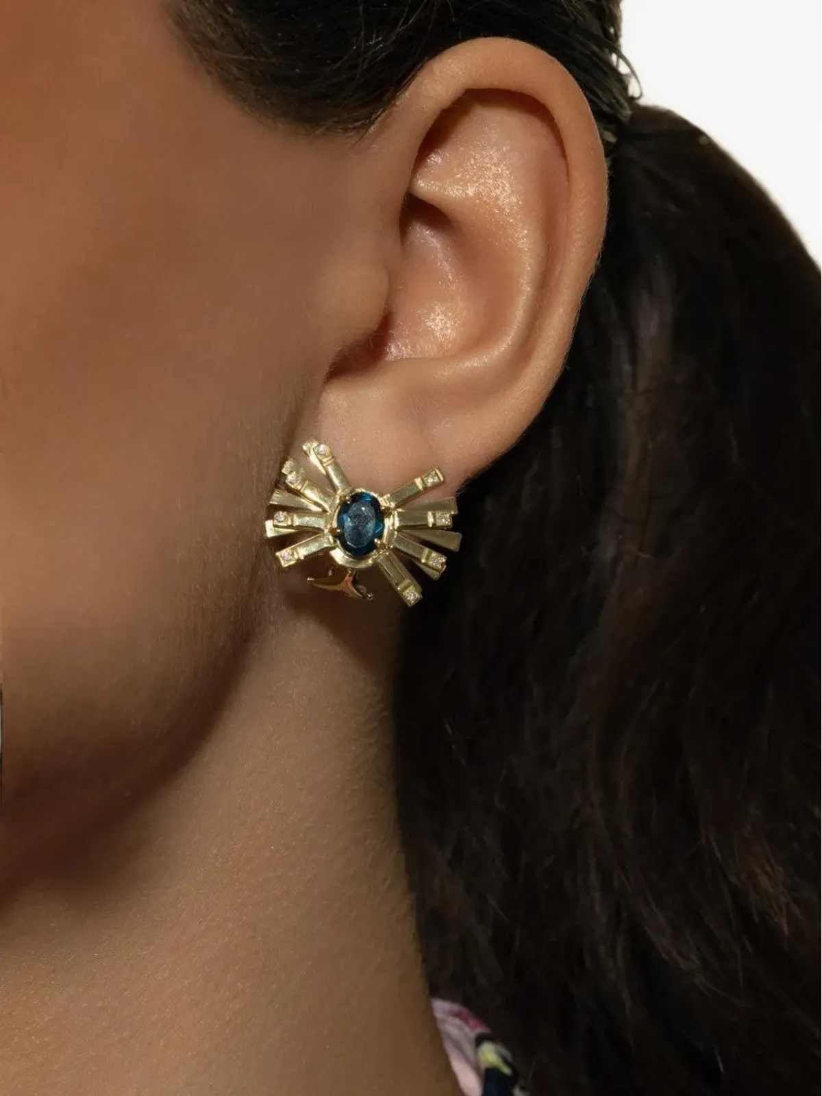 Carol Kauffmann 18K イエローゴールド ブルートパーズ ダイヤモンド ファルファーレ イヤリング - 画像3