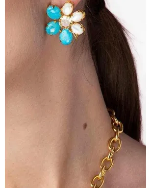 Bounkit Jewelry シトリンと真珠の花モチーフ ピアス - ブルー - サムネイル2