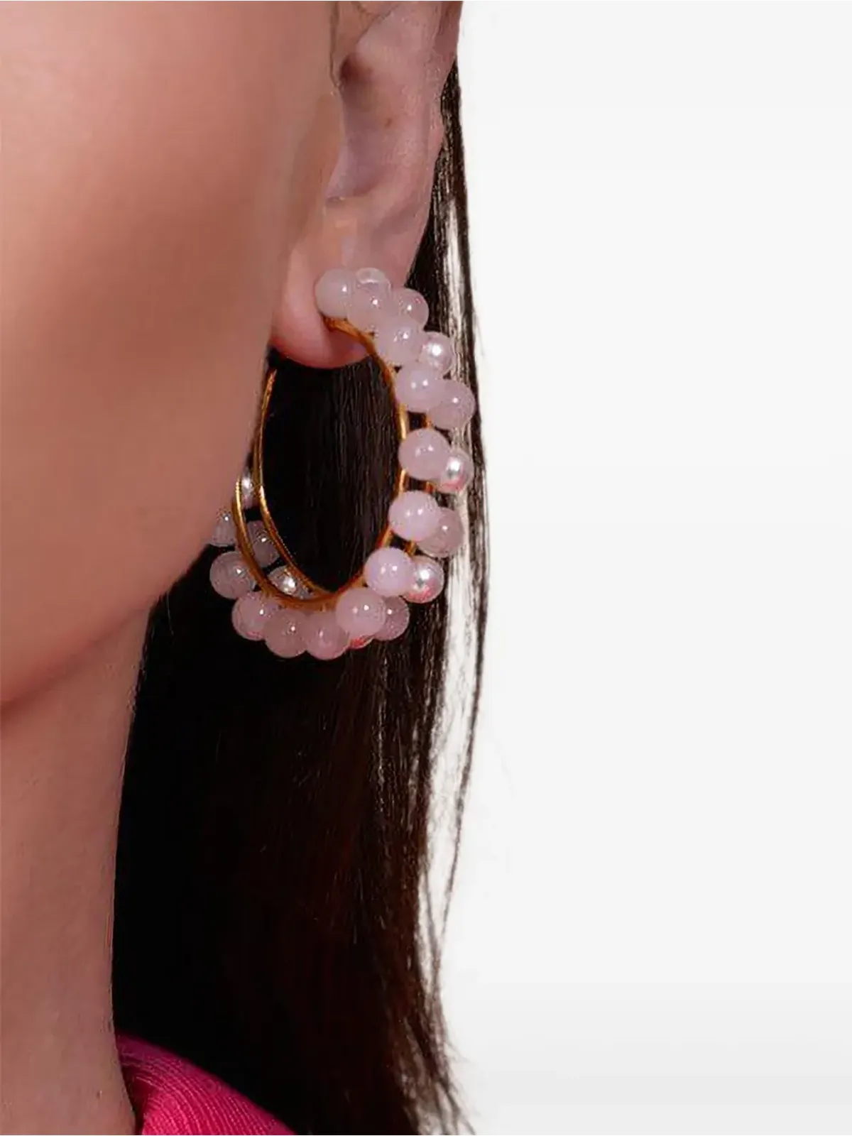 Bounkit Jewelry ローズクォーツ ビーズ付きフープピアス - 画像2