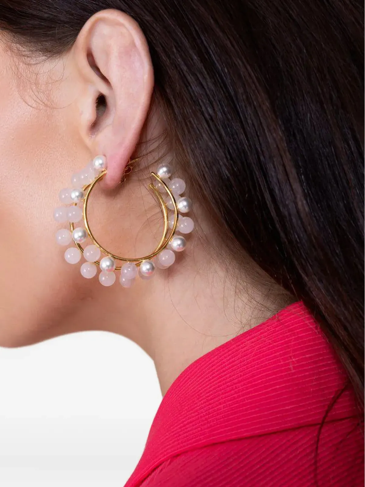 Bounkit Jewelry ローズクォーツ ビーズ付きフープピアス - 画像4