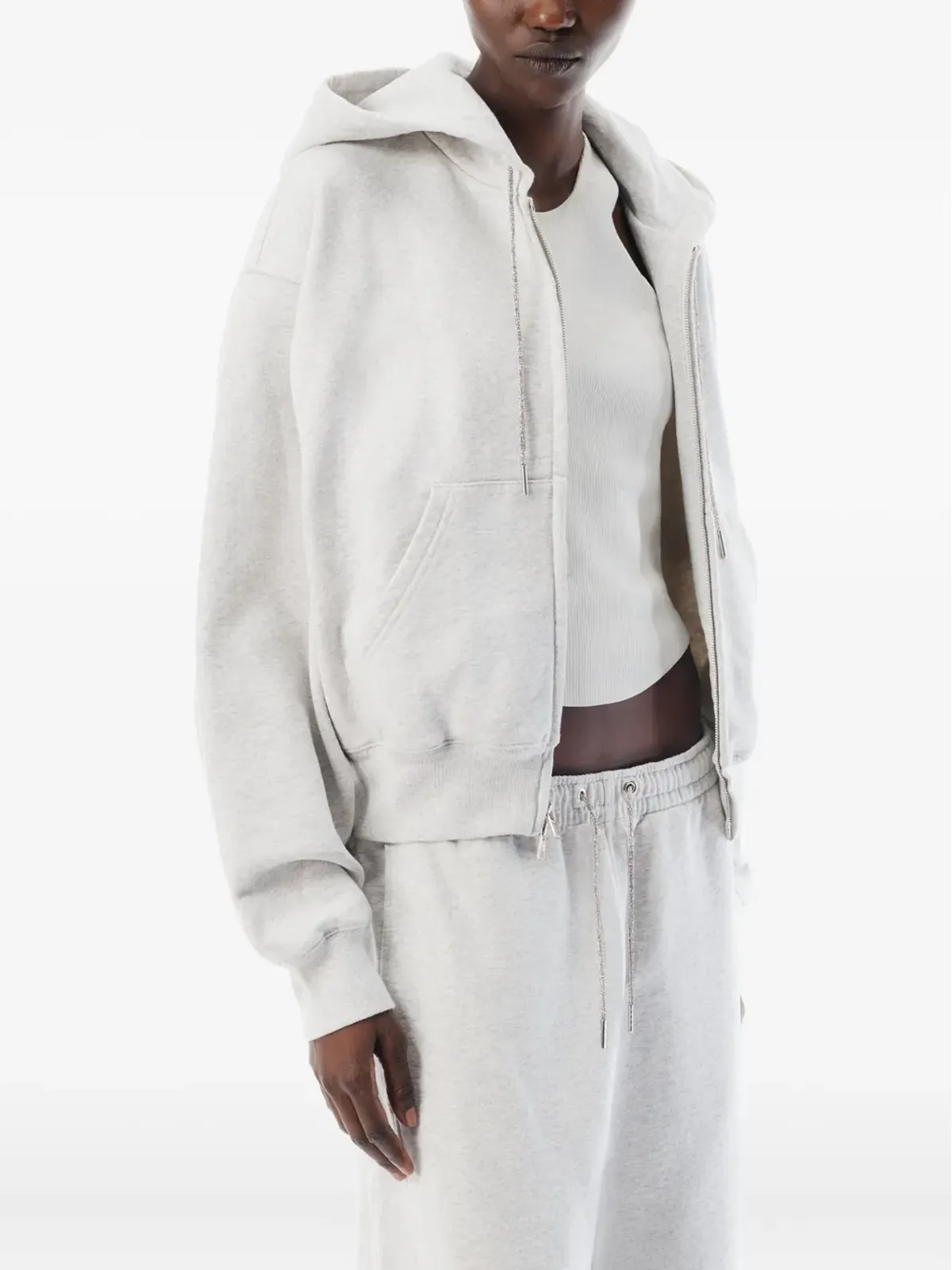 Alexander Wang ララインストーン付きドローコードジップアップフーディー（グレー） - 画像5