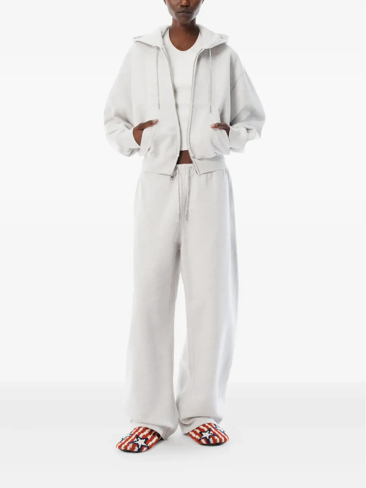Alexander Wang ララインストーン付きドローコードジップアップフーディー（グレー） - 画像2