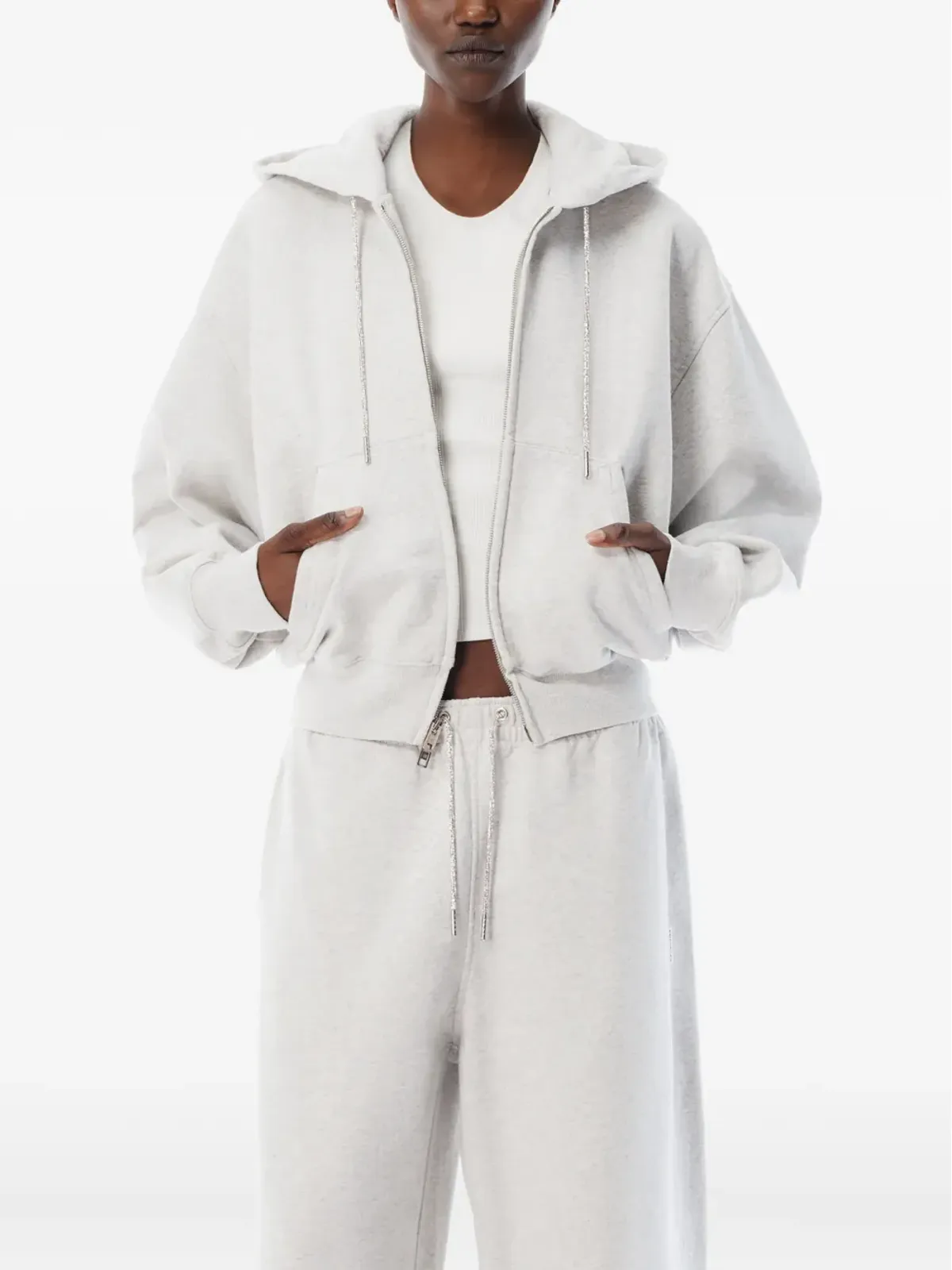 Alexander Wang ララインストーン付きドローコードジップアップフーディー（グレー） - 画像4