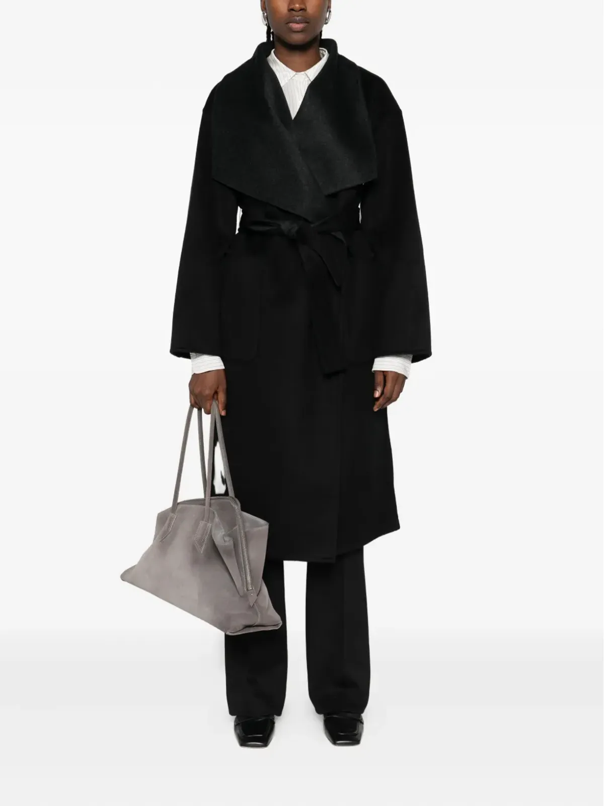 THE DYNAMIS STUDIO belted wrap single-breasted coat - Black - 画像2