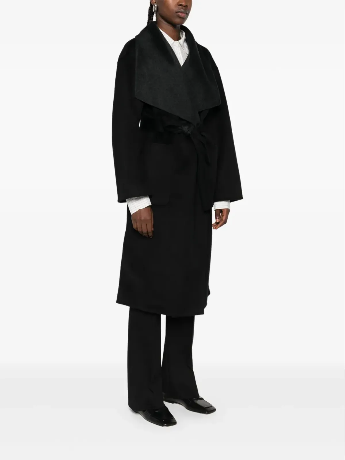 THE DYNAMIS STUDIO belted wrap single-breasted coat - Black - 画像3