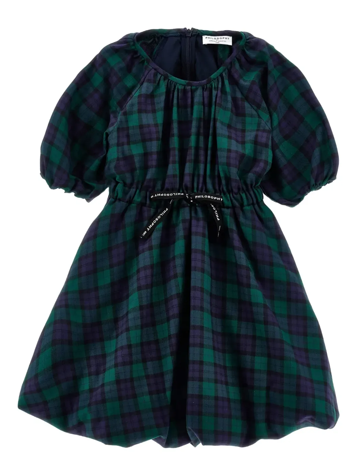 Philosophy Di Lorenzo Serafini Kids バルーンスリーブ チェック柄ワンピース ブルー - 画像1