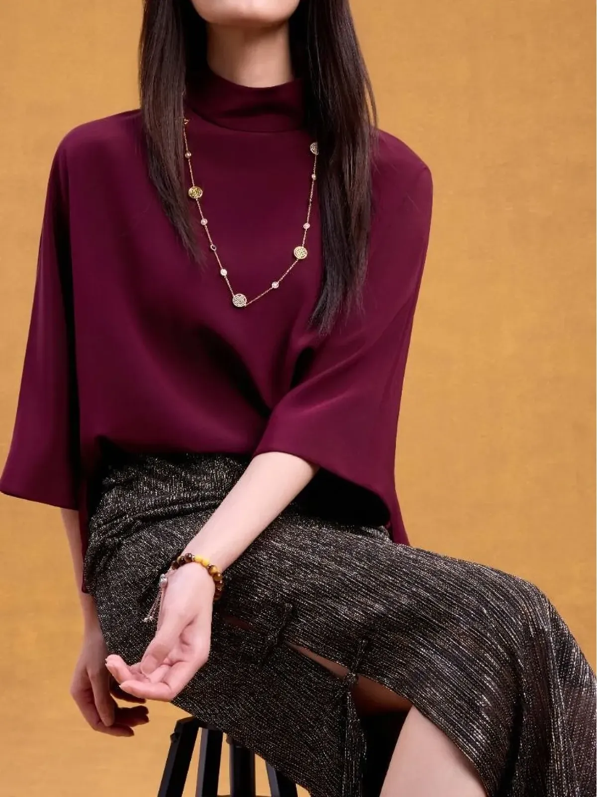 Shanghai Tang ハイネック七分袖ブラウス - Purple - 画像2